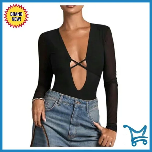 Deep V Neck Long Sleeve Bodysuit - Stretchy Party Top - Size XS-XXXXL - Picture 2 of 8